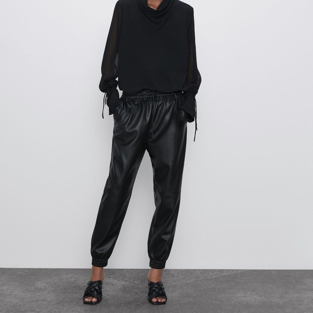 Black Zara Faux Leather Elastic Drawstring Waist Joggers Pants (NWT)